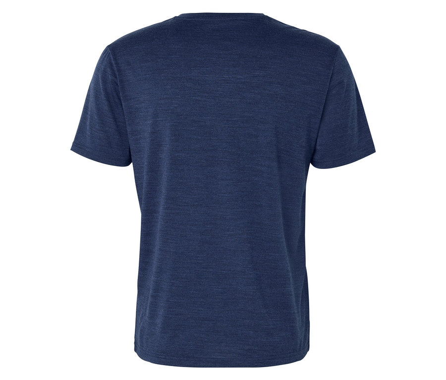 Dunkelblaues T-Shirt, von hinten gesehen, mit kurzen Ärmeln und Rundhalsausschnitt. Der Stoff hat eine melierte Textur.