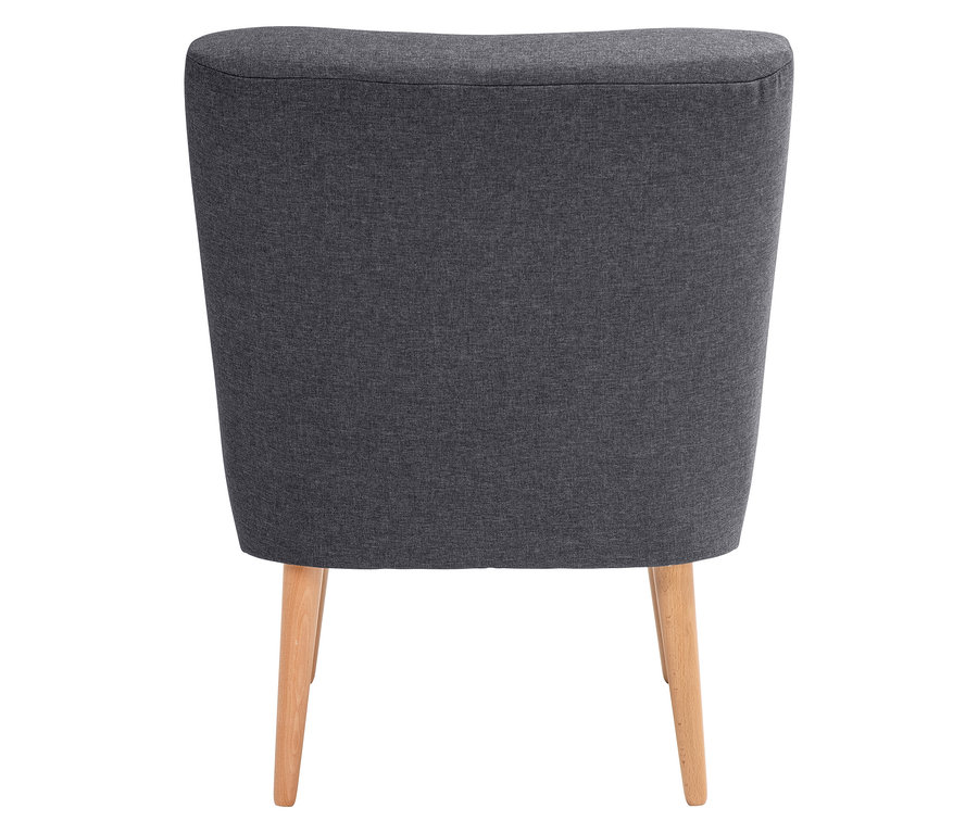 Rückansicht eines grauen Polstersessels mit Holzbeinen.