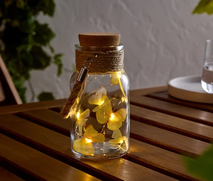 Einmachglas mit Korken, umwickelt mit einer Kordel, darin eine Lichterkette mit Schmetterlingen, auf einem Holztisch.