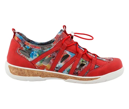 Roter Damen Schnürhalbschuh mit farbig gemusterten Einsätzen und weißer Sohle.