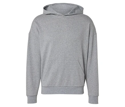 Grauer Kapuzenpullover mit langen Ärmeln und einer Kängurutasche.