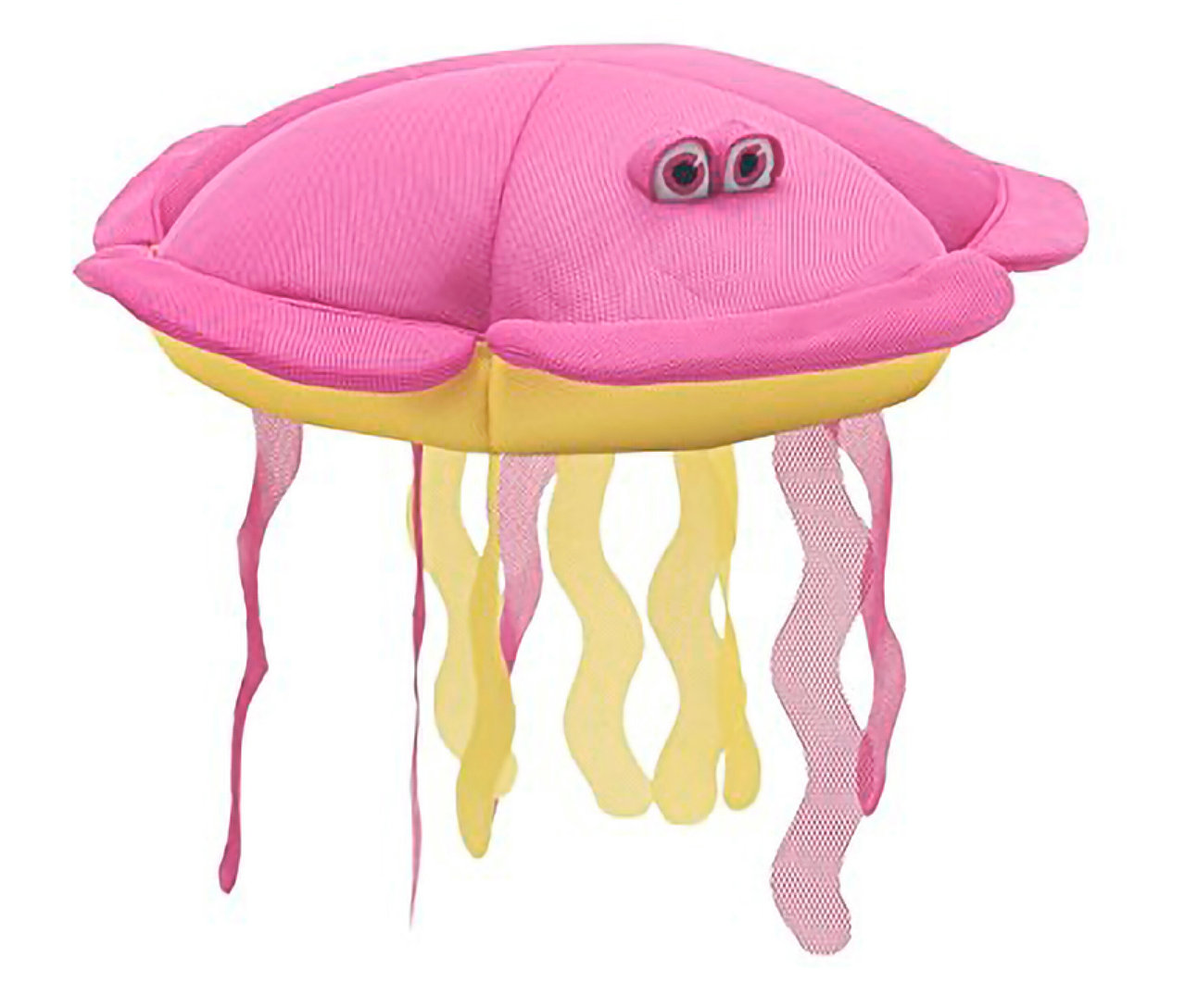 Nahaufnahme eines rosa Quallen-Plüschtiers mit gelben Akzenten und herabhängenden Bändern vor einem weißen Hintergrund.