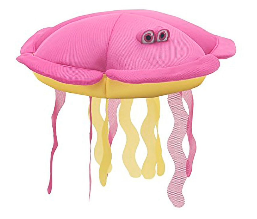 Nahaufnahme eines rosa Quallen-Plüschtiers mit gelben Akzenten und herabhängenden Bändern vor einem weißen Hintergrund.