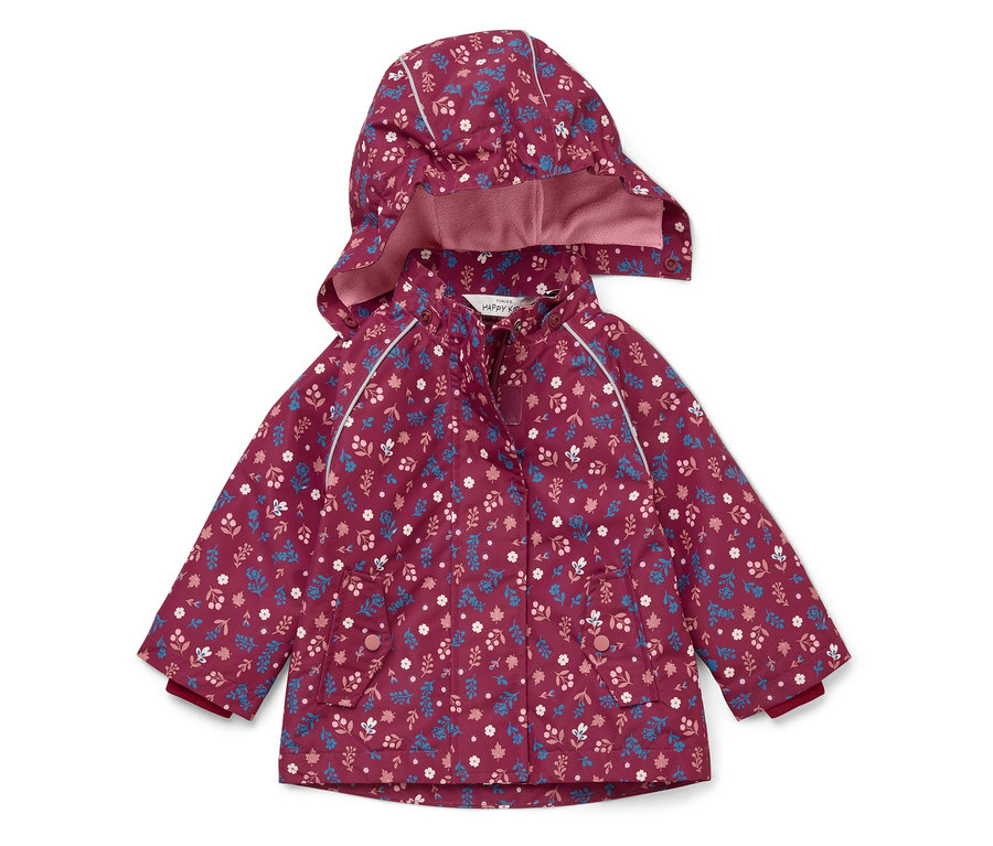Burgunderfarbene Kinderjacke mit Kapuze, durchgehend mit Blumenmuster, Taschen und reflektierenden Paspeln.