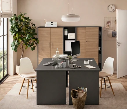 Büro mit grauem Schreibtisch, zwei weißen Stühlen, einem Schrank mit Holzfronten, einem Computer und einer Zimmerpflanze.