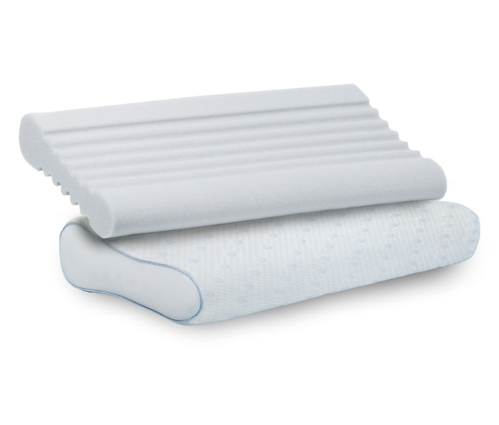 Ein weißes Paradies Nackenstützkissen reVita® Relax, bestehend aus einem Kissen mit hellblauen Punkten und blauer Paspelierung, auf dem ein konturierter Schaumstoffeinsatz mit horizontalen Rillen liegt.