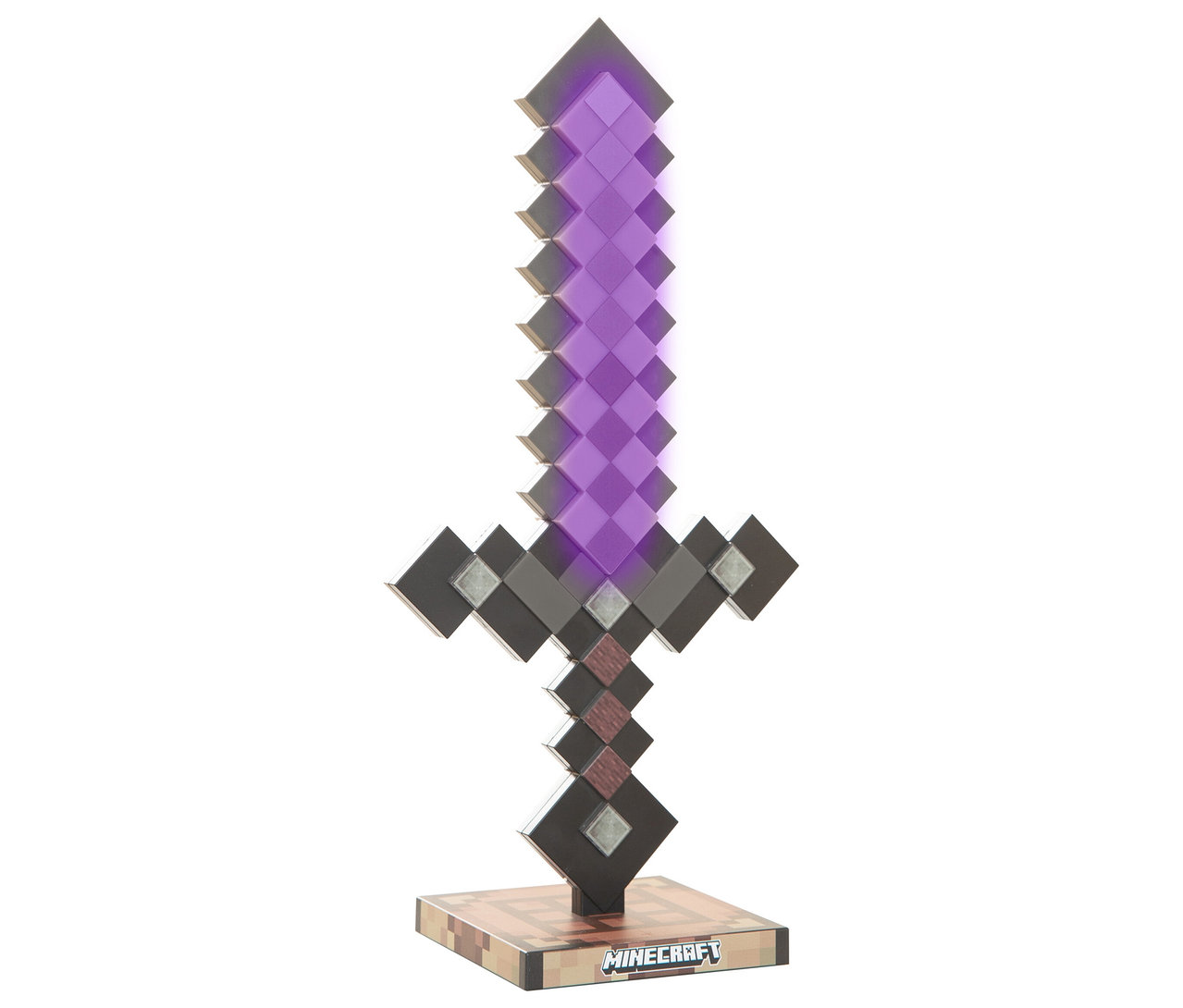 Das Netherite MINECRAFT LED-Licht steht auf einem braunen Sockel.