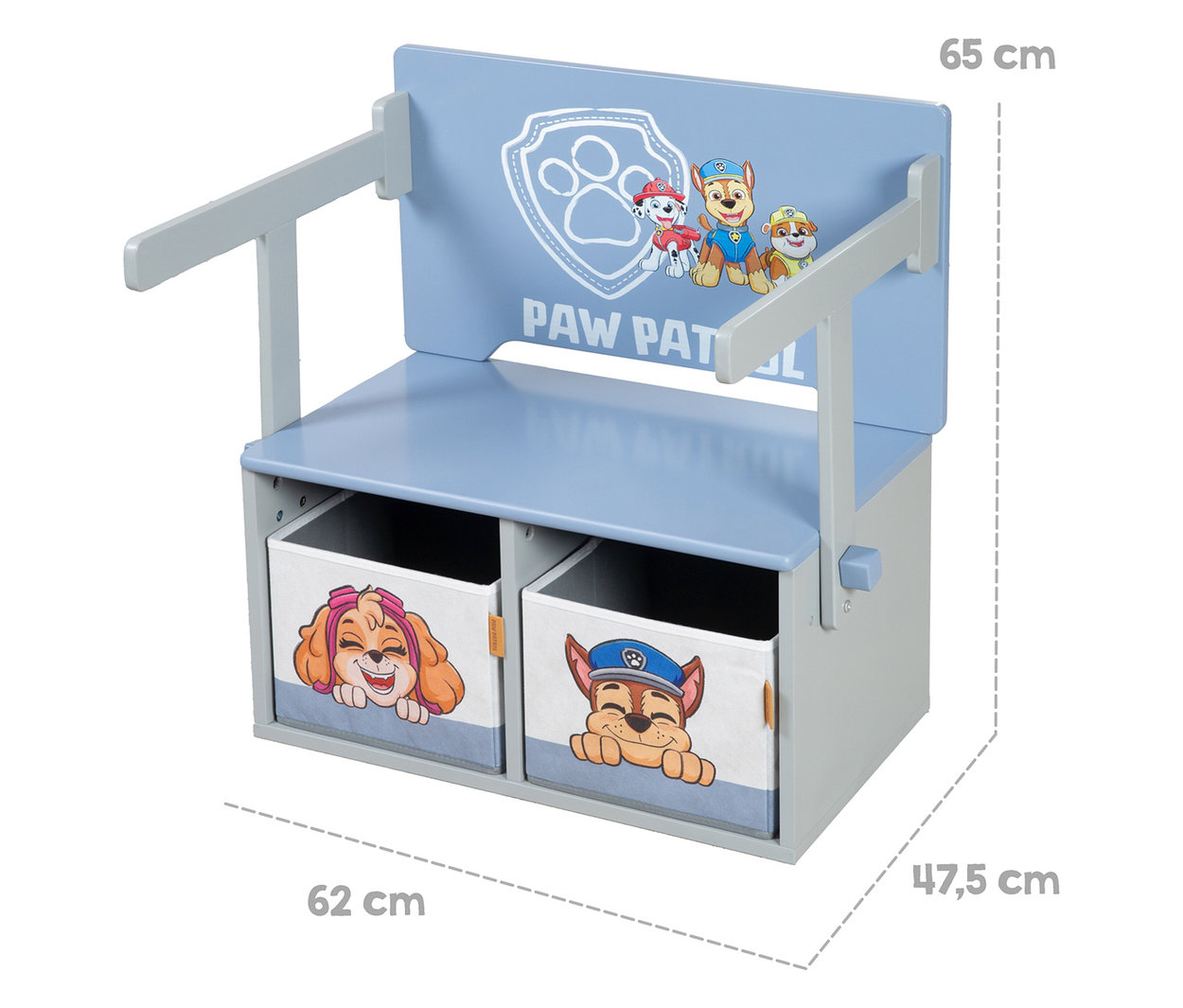 Blaues Regal mit zwei Fächern mit Paw Patrol-Motiven.