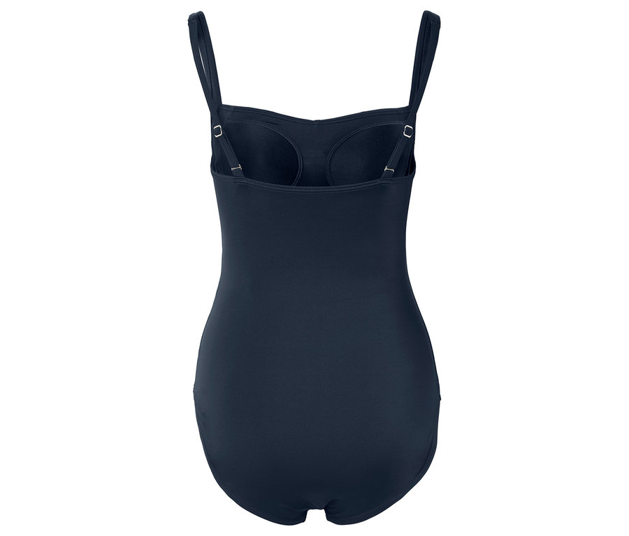 Rückansicht eines marineblauen Badeanzugs mit verstellbaren Trägern.