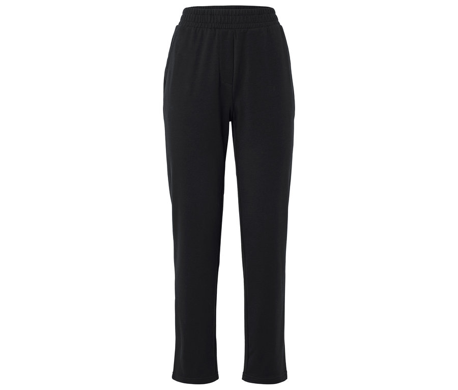 Eine schwarze Stoffhose mit Gummizug vor einem weißen Hintergrund.