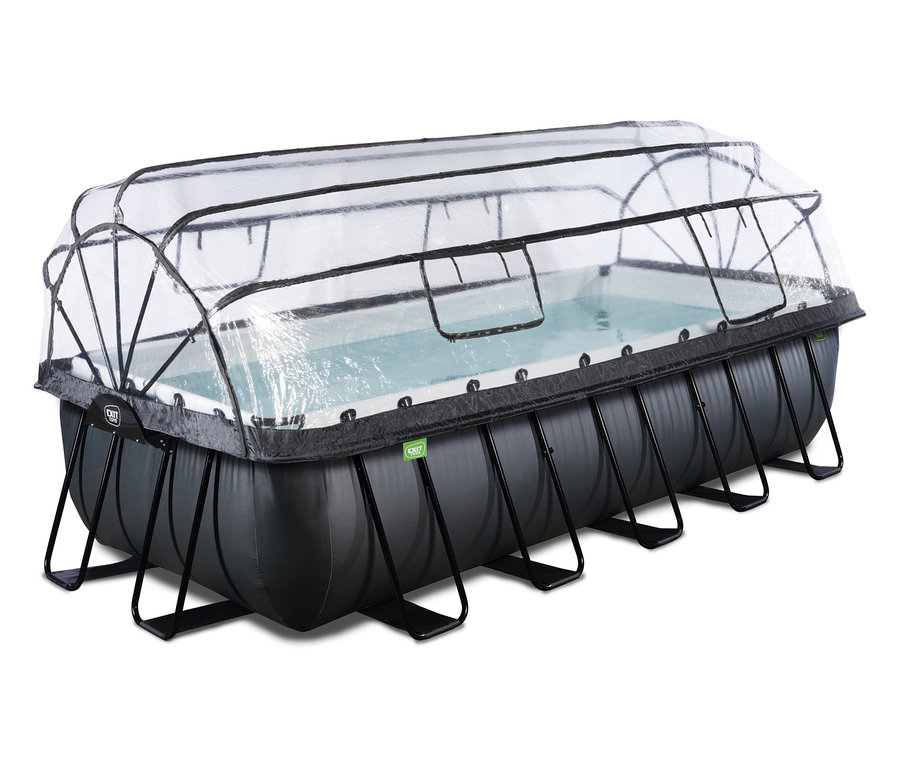 Ein rechteckiges EXIT Pool-Set in dunkelgrauer Lederoptik mit schwarzem Rahmen und klarer, gewölbter Abdeckung. Helles blaues Wasser ist im Pool sichtbar.
