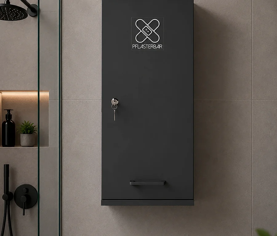 Ein modernes Badezimmer mit grauen Fliesen zeigt einen dunkelgrauen Wandschrank mit „PFLASTERBAR“-Logo, einem Schlüssel im Schloss und einem Griff. Links trennt eine Glaswand den Duschbereich mit schwarzem Duschkopf und einer Nische mit schwarzer Flasche und kleiner Pflanze.