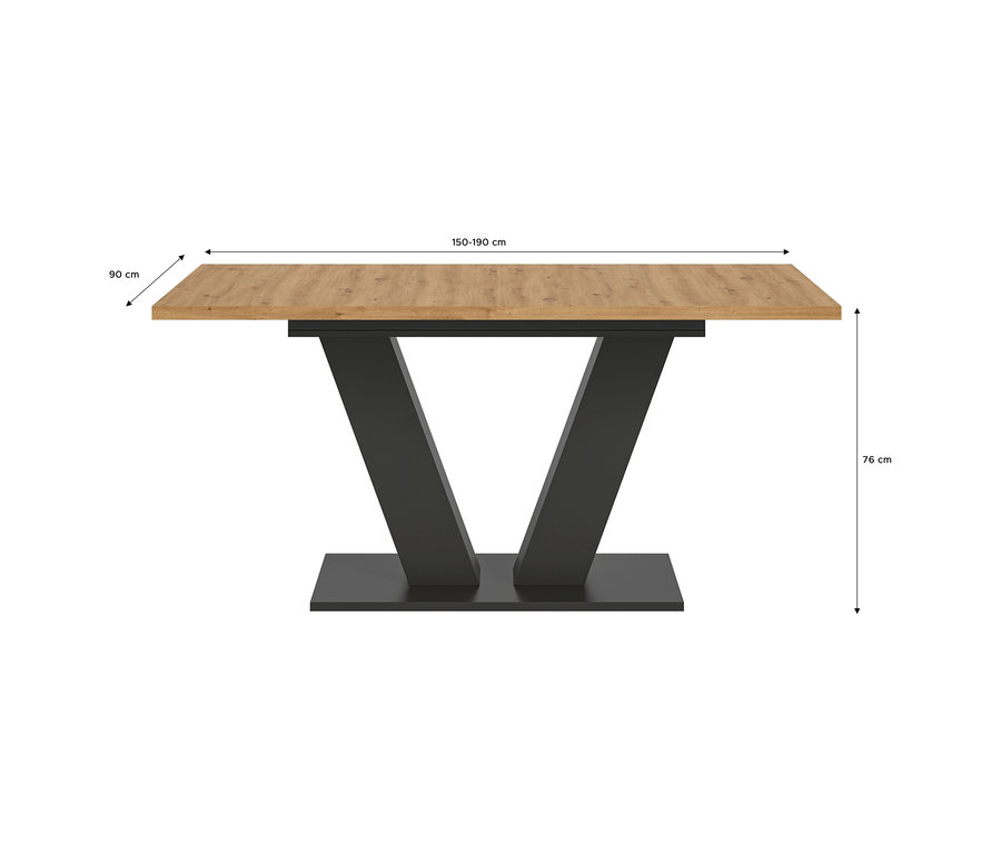 xonox Esstisch »Kinetic« mit V-Fuß, rechteckige helle Holzplatte und dunkelgrauer V-förmiger Fuß, Maße 150-190x90x76 cm.