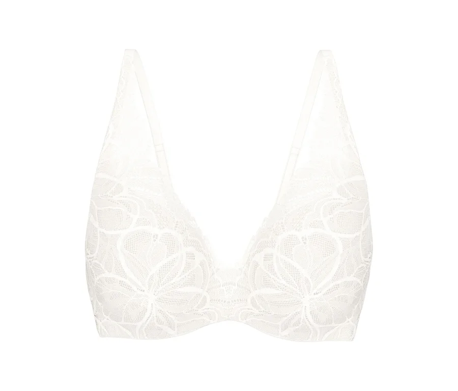 Weißer Triumph Body Makeup Illusion Lace WP BH mit floralem Spitzenmuster und dünnen Trägern.