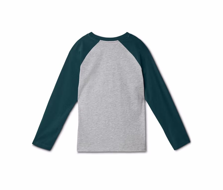 Rückansicht eines langärmeligen Raglan-Shirts mit grauem Rumpf und dunkelgrünen Ärmeln auf weißem Hintergrund.