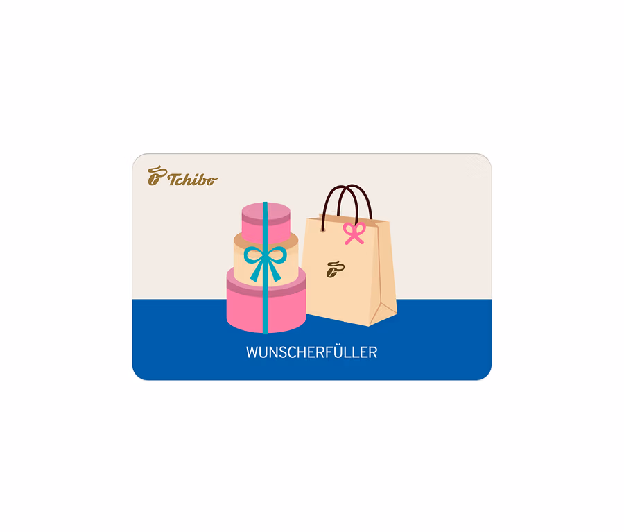 Geschenkkarte mit zwei gestapelten rosa Geschenkboxen und einer beigen Einkaufstasche, Tchibo Logo und dem Text "WUNSCHERFÜLLER".