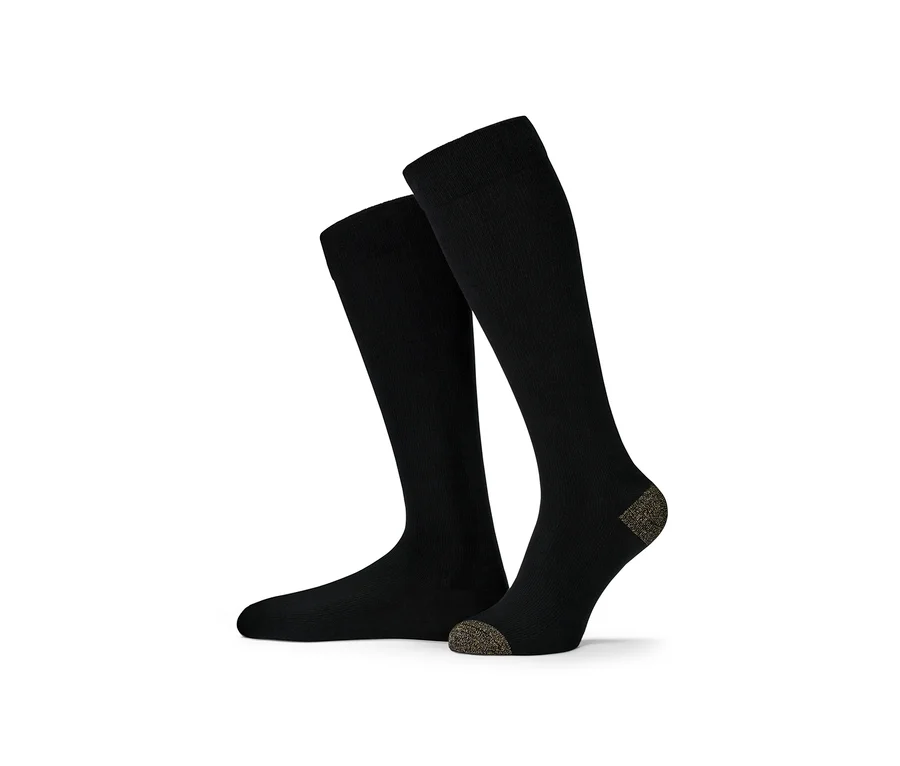 Zwei Paar schwarze Stütz-Kniestrümpfe mit brauner Ferse und Spitze.