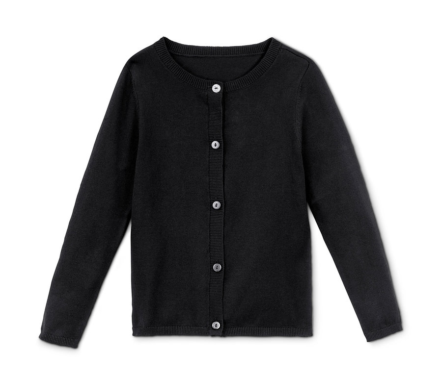 Eine schwarze Feinstrickjacke mit Knöpfen.