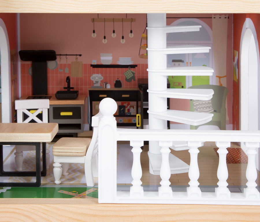 Innenansicht eines small foot Puppenhauses mit Dachterrasse, detailliert ausgestattet mit Möbeln und Zubehör.