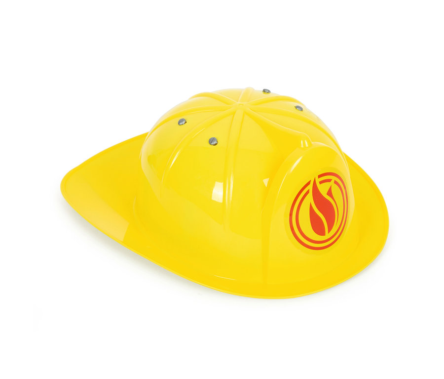 Gelber Feuerwehrhelm mit rotem Flammenlogo.