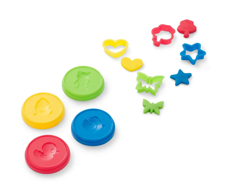 Mehrfarbiges Knete-Set mit Deckeln mit geprägten Tieren und Ausstechformen.