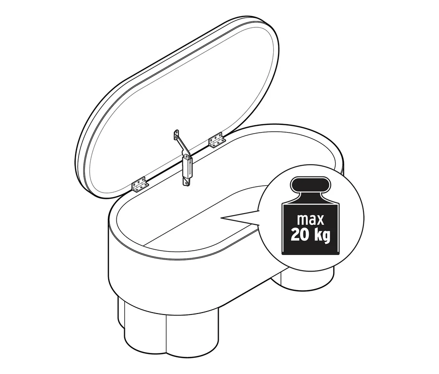 Strichzeichnung einer offenen Bouclé-Stauraumbank, deren Deckel angehoben ist und das Innere zeigt, mit einem Symbol für eine maximale Belastung von 20 kg.