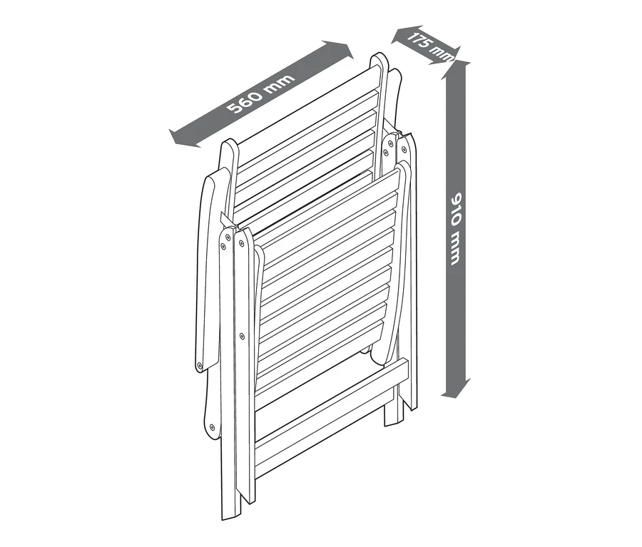 Eine Illustration eines zusammengeklappten Teakstuhls mit hoher Rückenlehne und den Maßen 560 mm breit, 175 mm tief und 910 mm hoch.