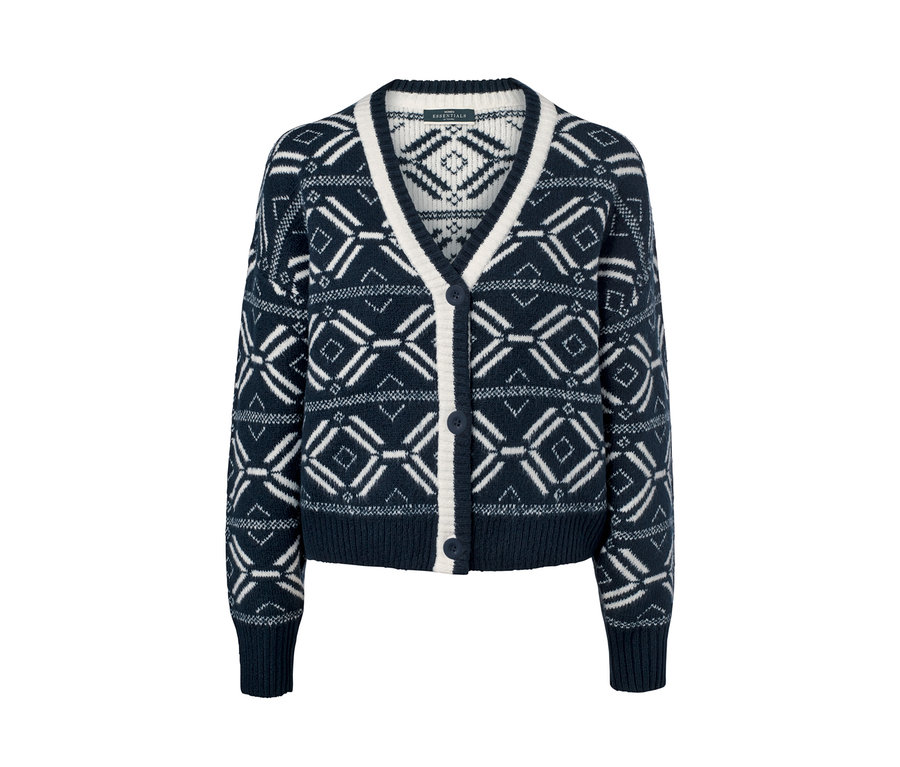 Marineblauer Norweger-Cardigan mit weißem Muster.