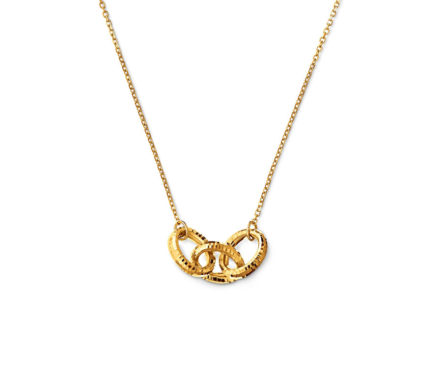 Goldkette mit drei ineinander verschlungenen Ringen mit diamantierter Oberfläche.