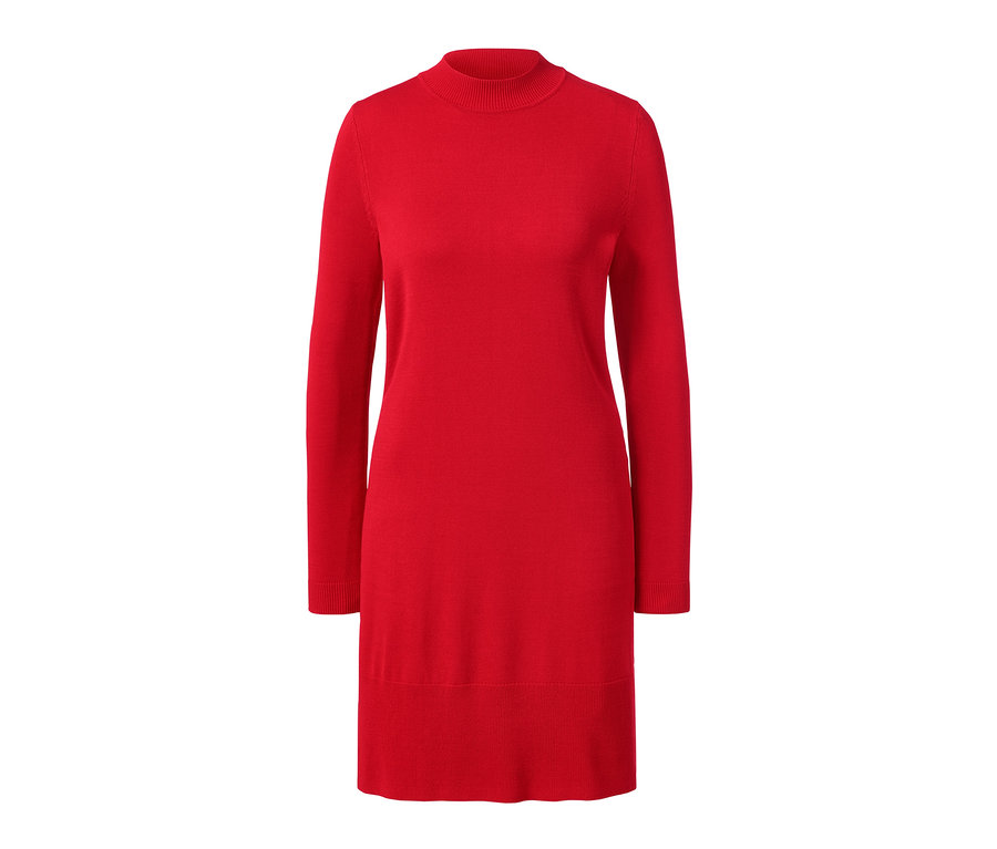 Rotes Strickkleid mit langen Ärmeln und Rollkragen.