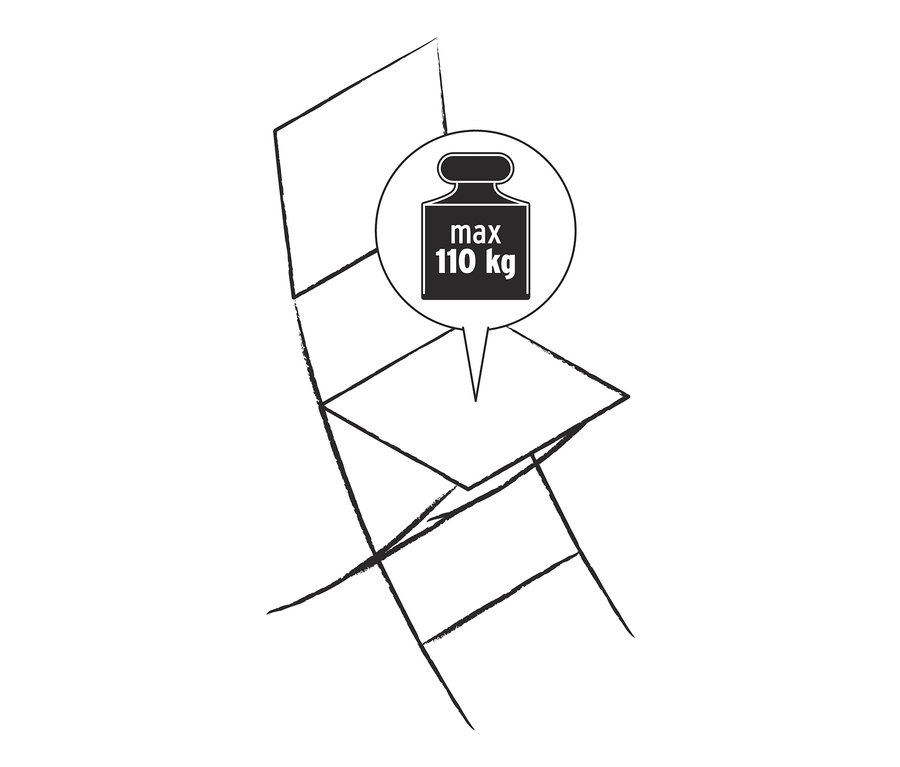 Illustration eines Klappstuhls mit Armlehne und einer maximalen Belastbarkeit von 110 kg.