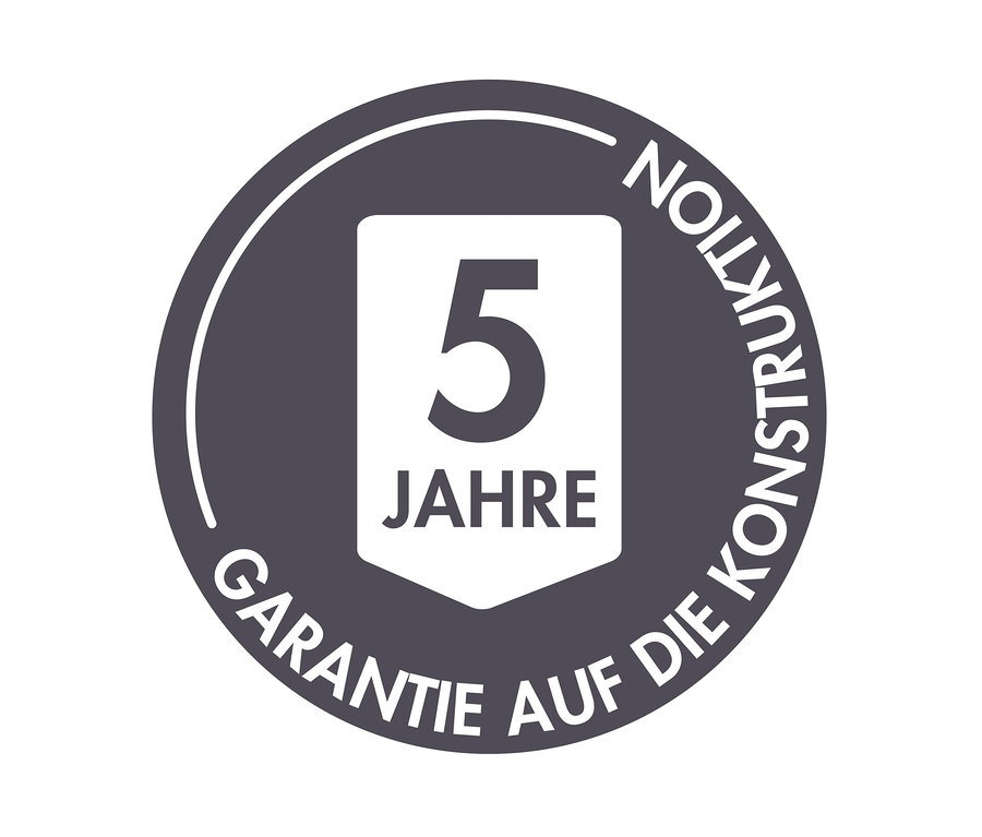 Schwarz-weißes kreisförmiges Zeichen mit der Zahl 5 und dem Text "JAHRE" und "GARANTIE AUF DIE KONSTRUKTION".