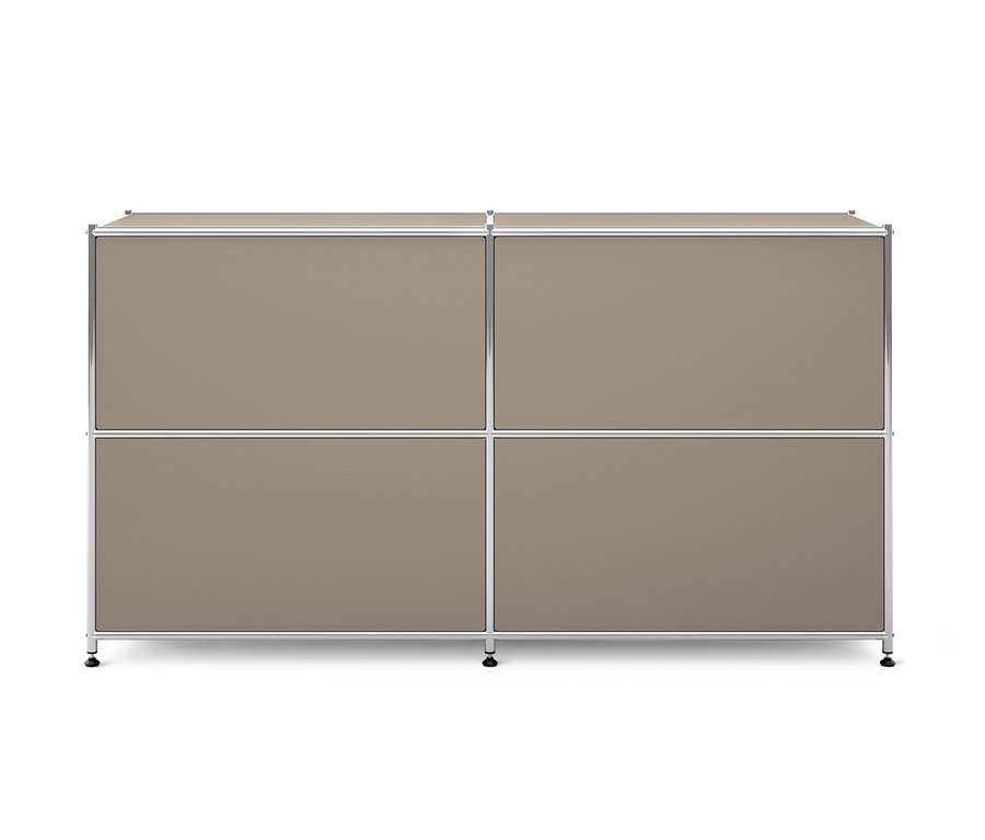 Taupefarbenes Sideboard Metall »CN3« mit vier versetzbaren Klappenfächern.
