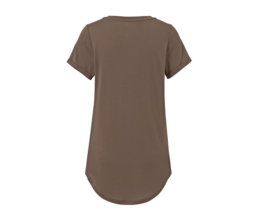 Detailansicht eines taupefarbenen Longshirts.