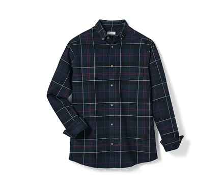 Marineblaues Flanell-Hemd mit Karomuster und langen Ärmeln.