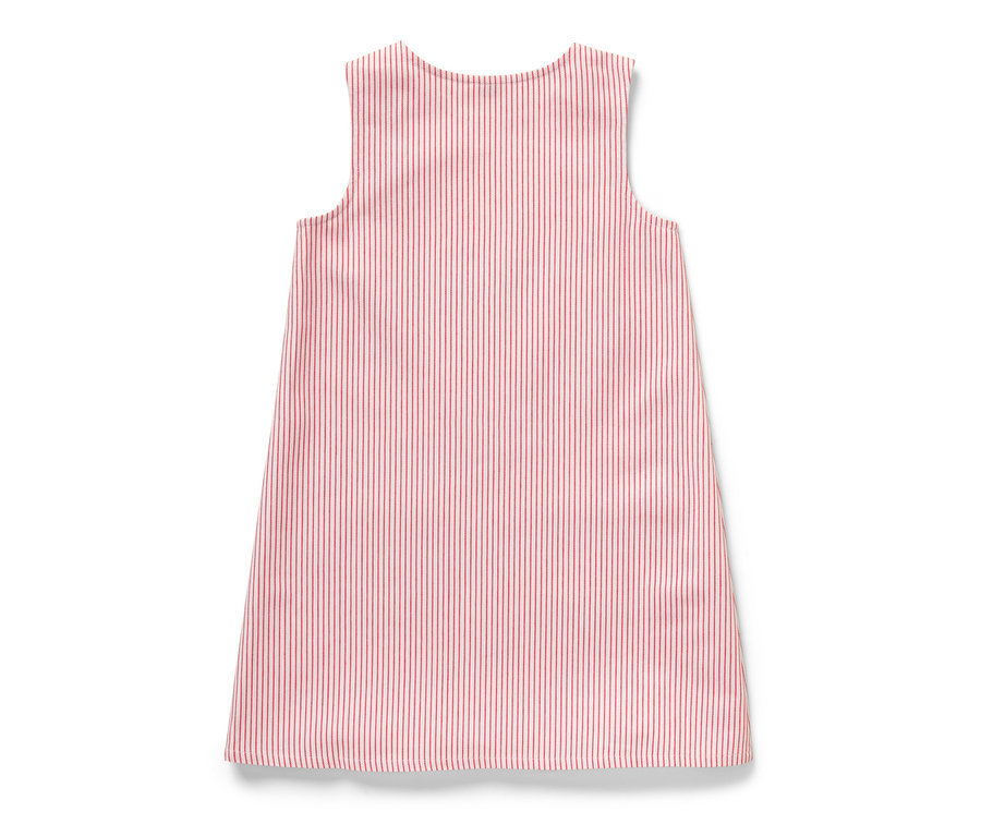 Kinder-Web-Latzkleid mit roten Streifen auf weißem Grund.