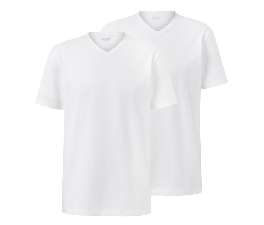 Zwei weiße T-Shirts mit V-Ausschnitt liegen übereinander.