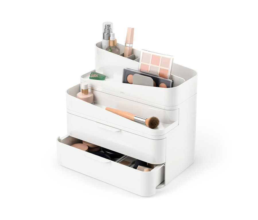 Weißer Kosmetik-Organizer »Glam«, groß, mit Make-up und Pinsel.