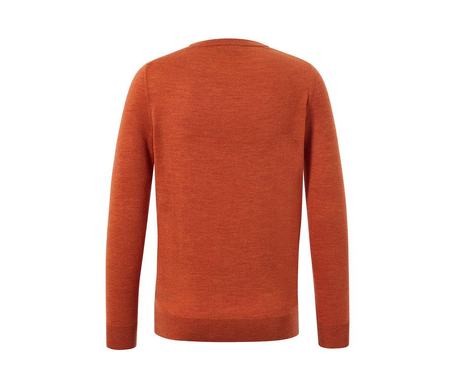 Orangefarbener Merino-Pullover.