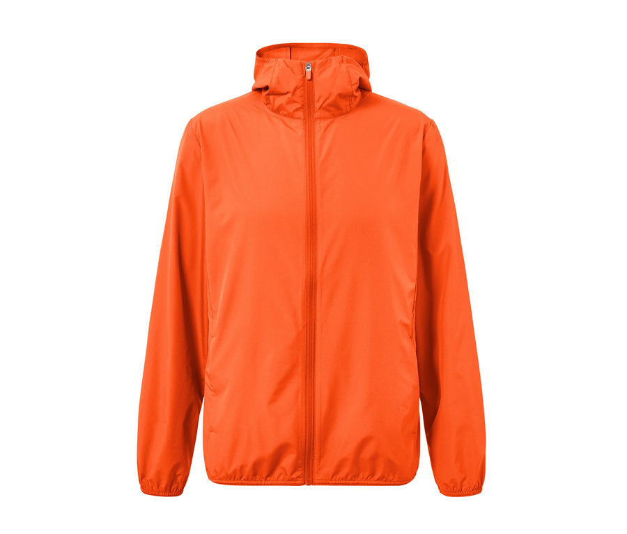 Orangefarbene, leichte Funktionsjacke »packable« mit Reißverschluss und Kapuze.