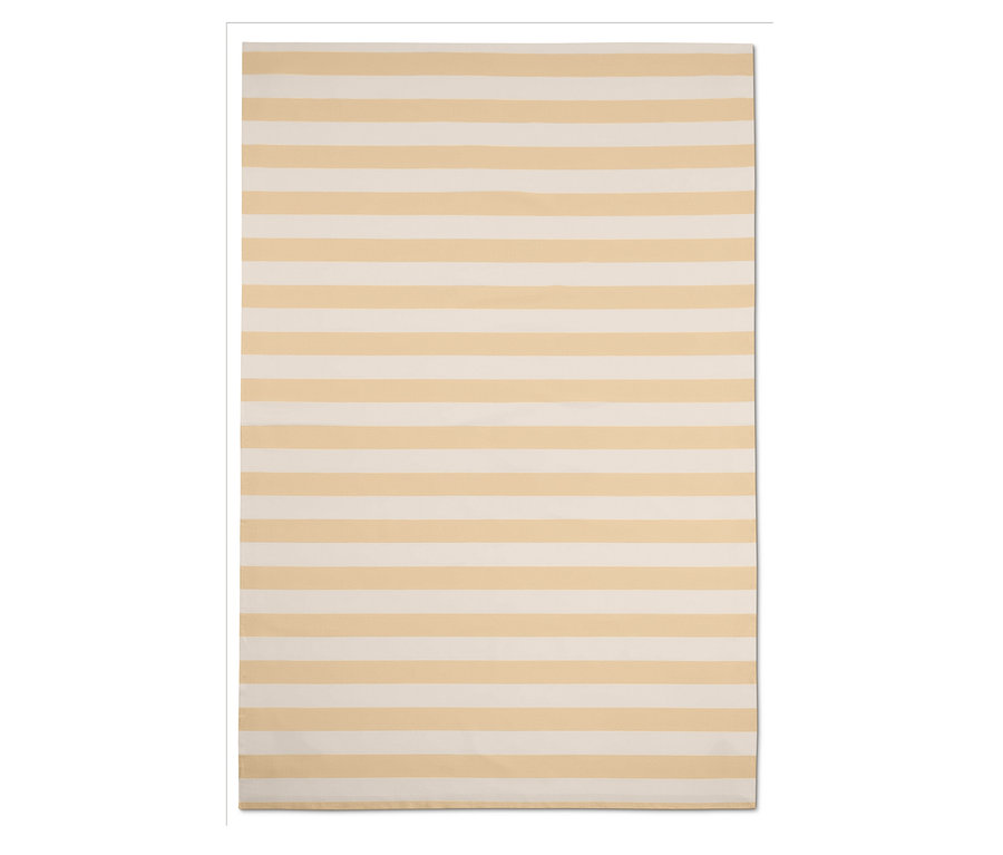 Beige-weiß gestreifte Tischdecke.