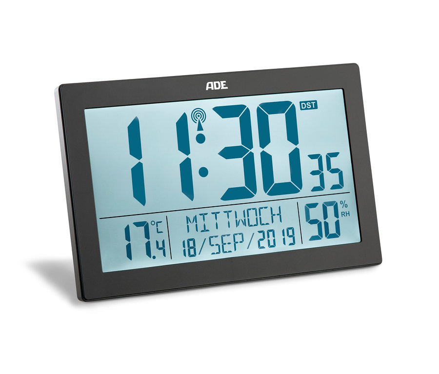 Die schwarze ADE XL-Funkuhr mit Thermometer und Hygrometer zeigt 11:30 Uhr.