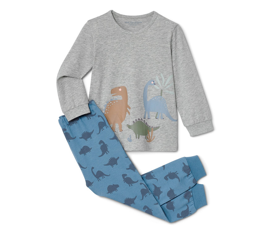 Blauer Kinder-Pyjama mit Dinosaurier-Motiv.