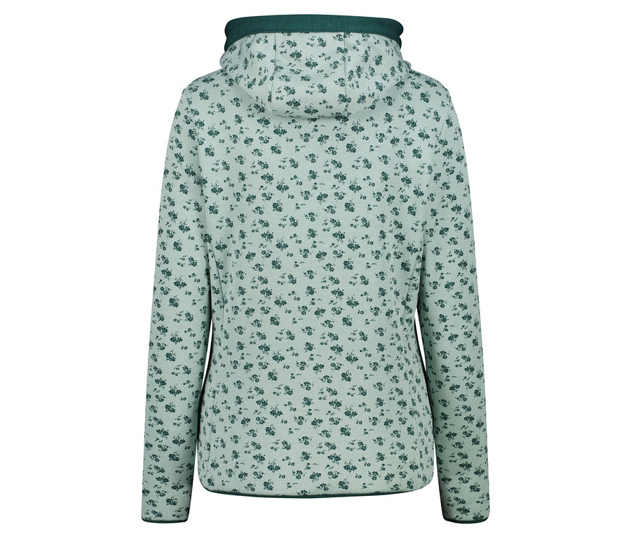 Rückansicht eines hellgrünen Kapuzenpullovers mit dunkelgrünem Blumenmuster.