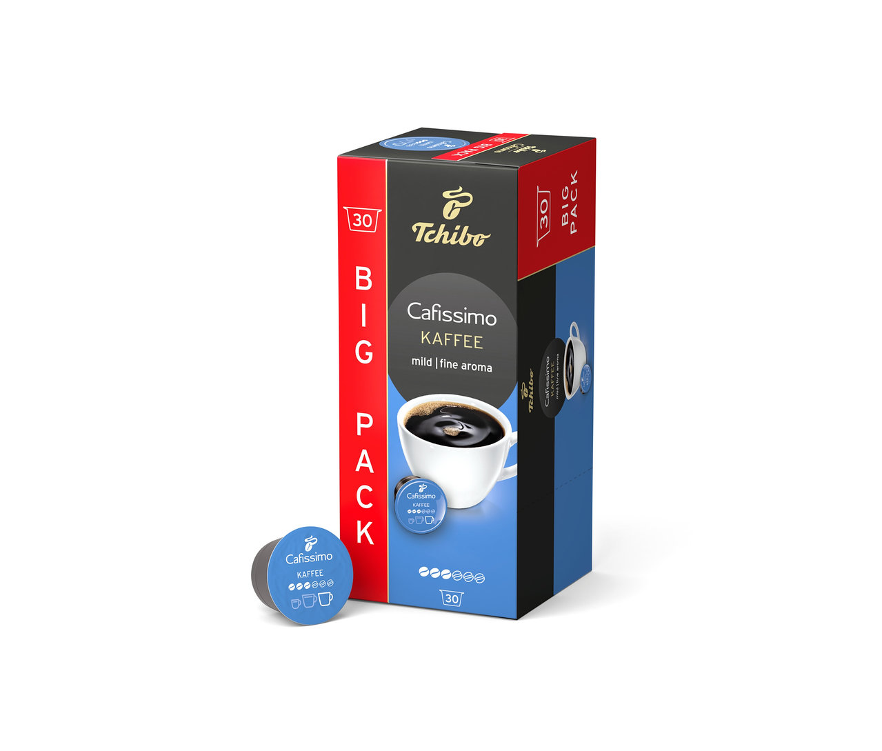 Eine Packung Cafissimo Kaffee mild - 30 Kapseln steht neben einer einzelnen Kapsel.