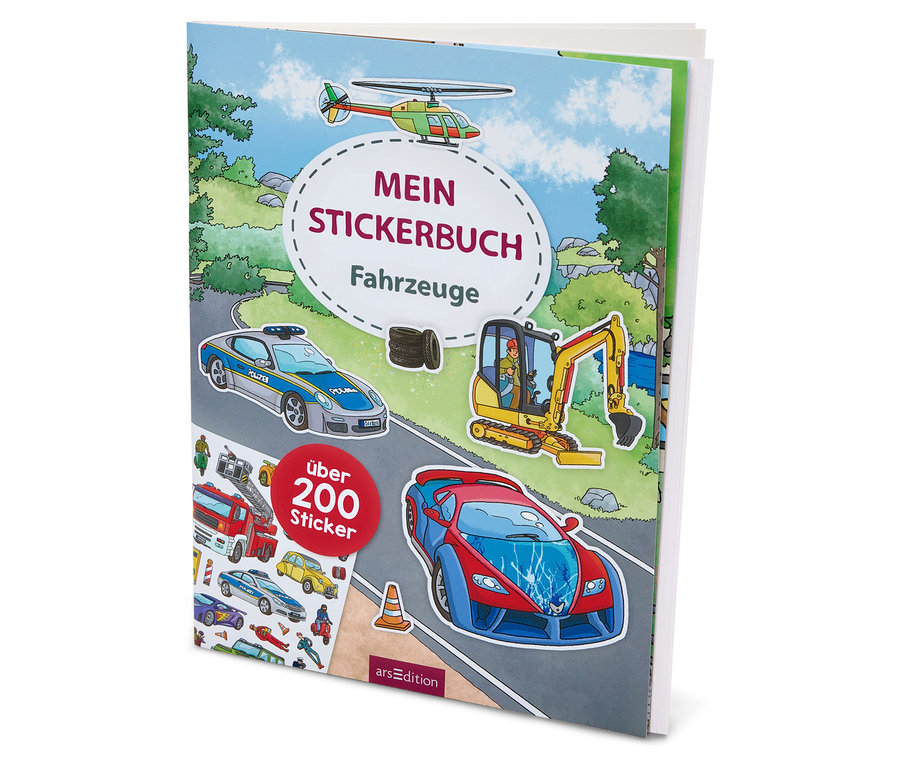 Nahaufnahme eines Stickerbuchs mit Illustrationen von Fahrzeugen, darunter Hubschrauber, Polizeiauto und Bagger.