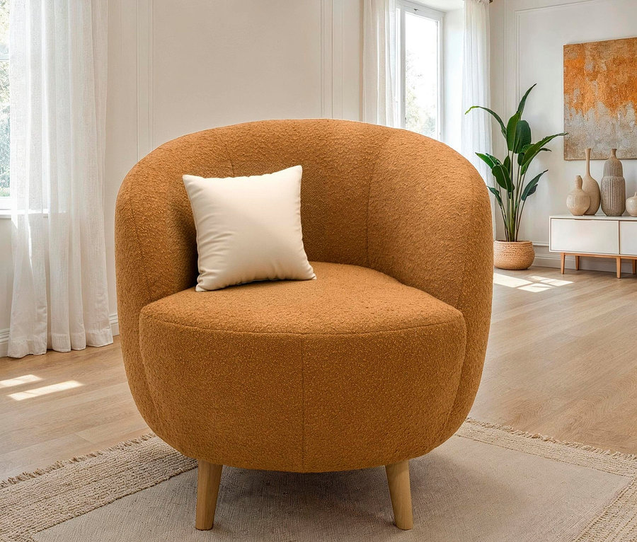 Ein brauner Sessel mit Kissen auf einem beigen Teppich in einem Wohnzimmer.