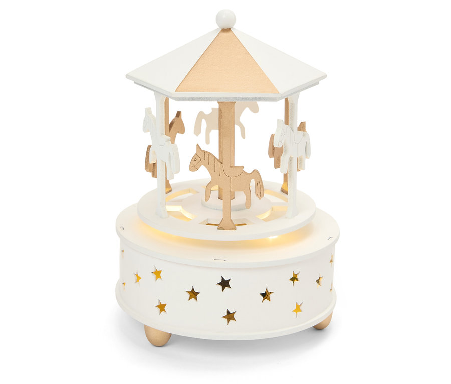 Weißes Karussell-Musikspiel mit goldenen Sternen und Holzpferden.