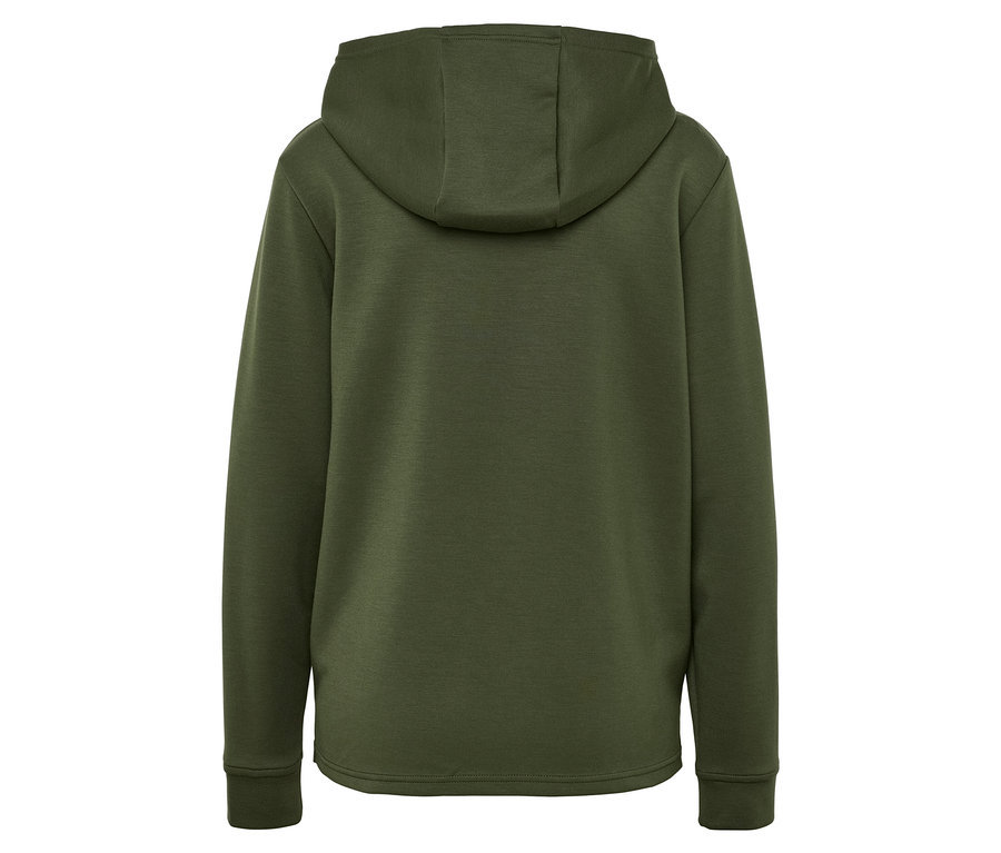 Rückseite eines olivgrünen Kapuzenpullovers.