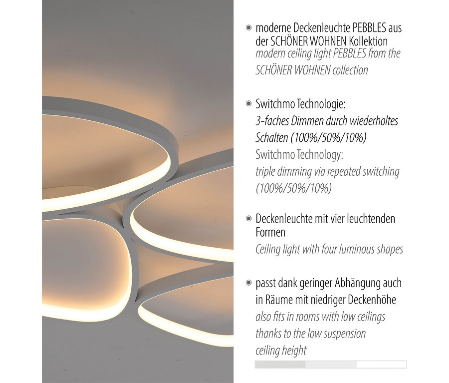Nahaufnahme der SCHÖNER WOHNEN-Kollektion Deckenleuchte »Pebbles«, kurz, mit vier leuchtenden Formen.